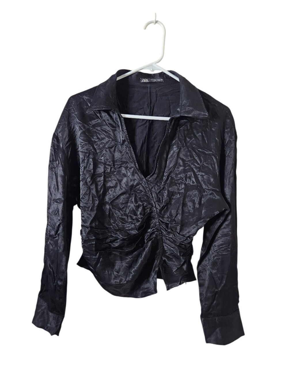 Zara Black Satin Pleated Bunched Hem Blouse